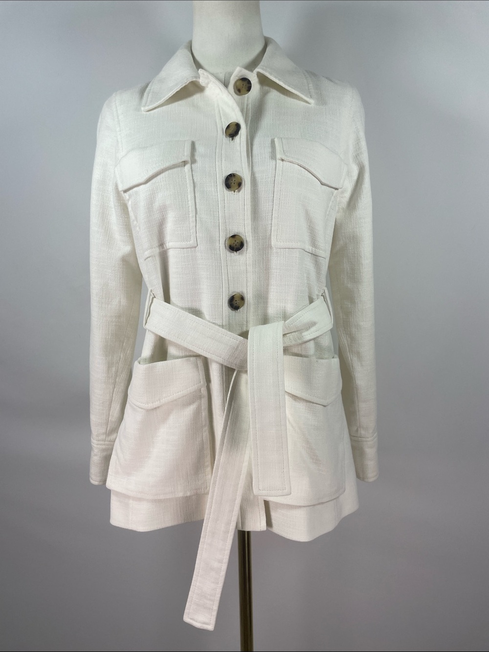Club Monaco Textured Belted Utility Safari Jacket XS Cream White Cotton Blend